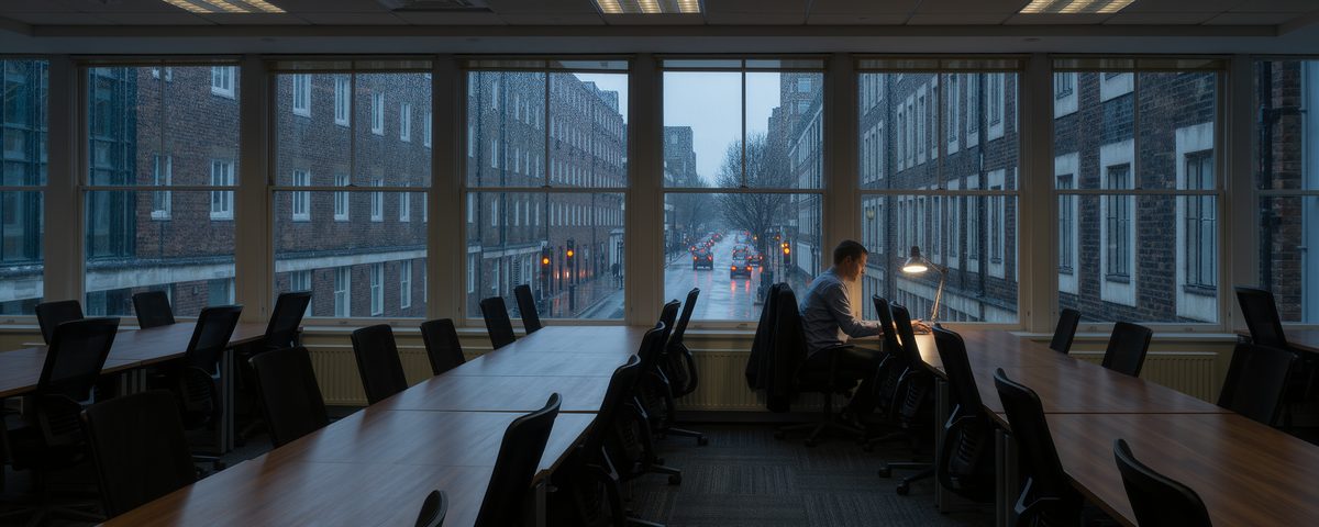 A man alone at the only lit desk on an open plan office floor after dark, every other desk empty with the chairs pushed in, and a wet London street through the window wall.