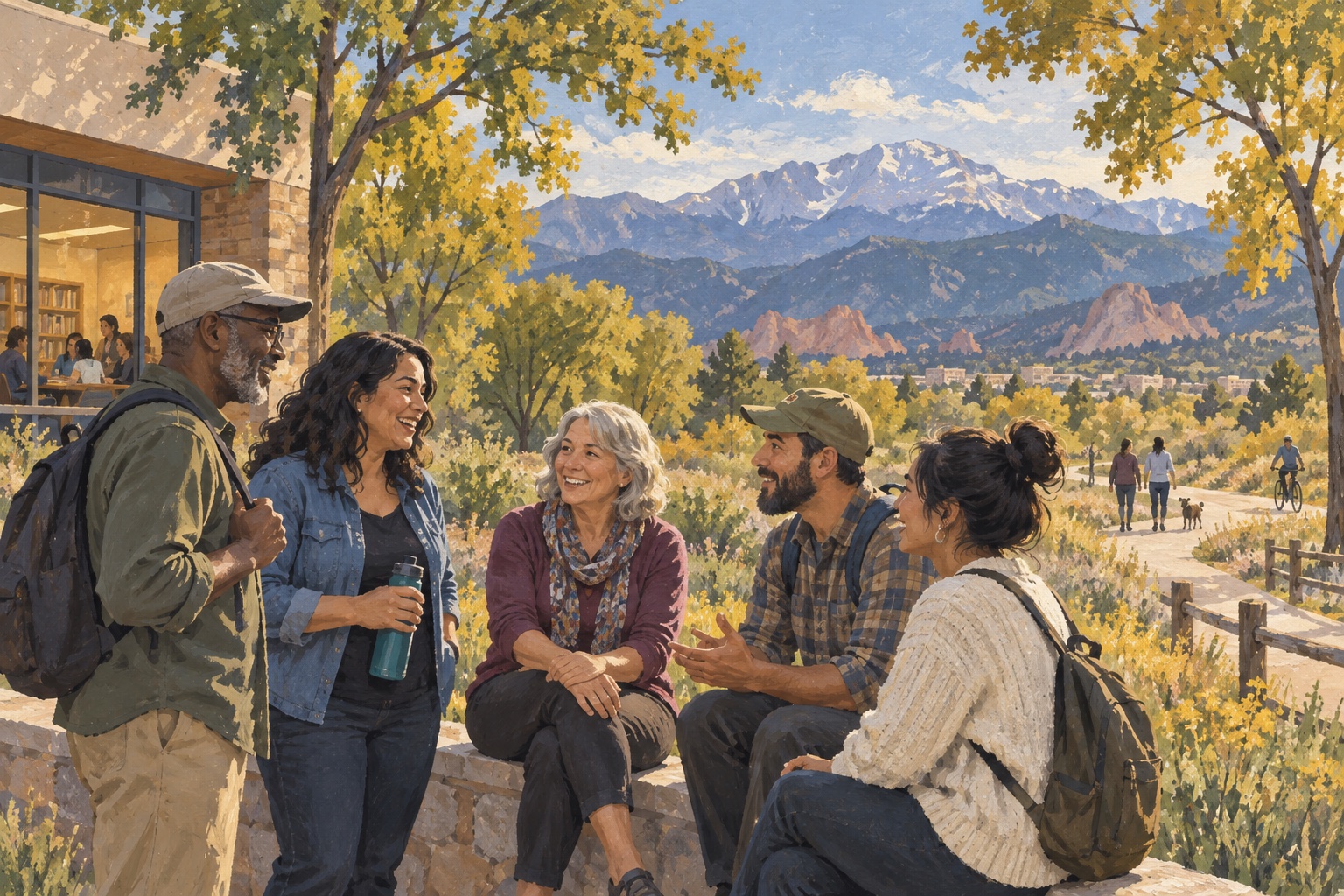 Illustration of adults talking together near a Colorado Springs library and foothills landscape.