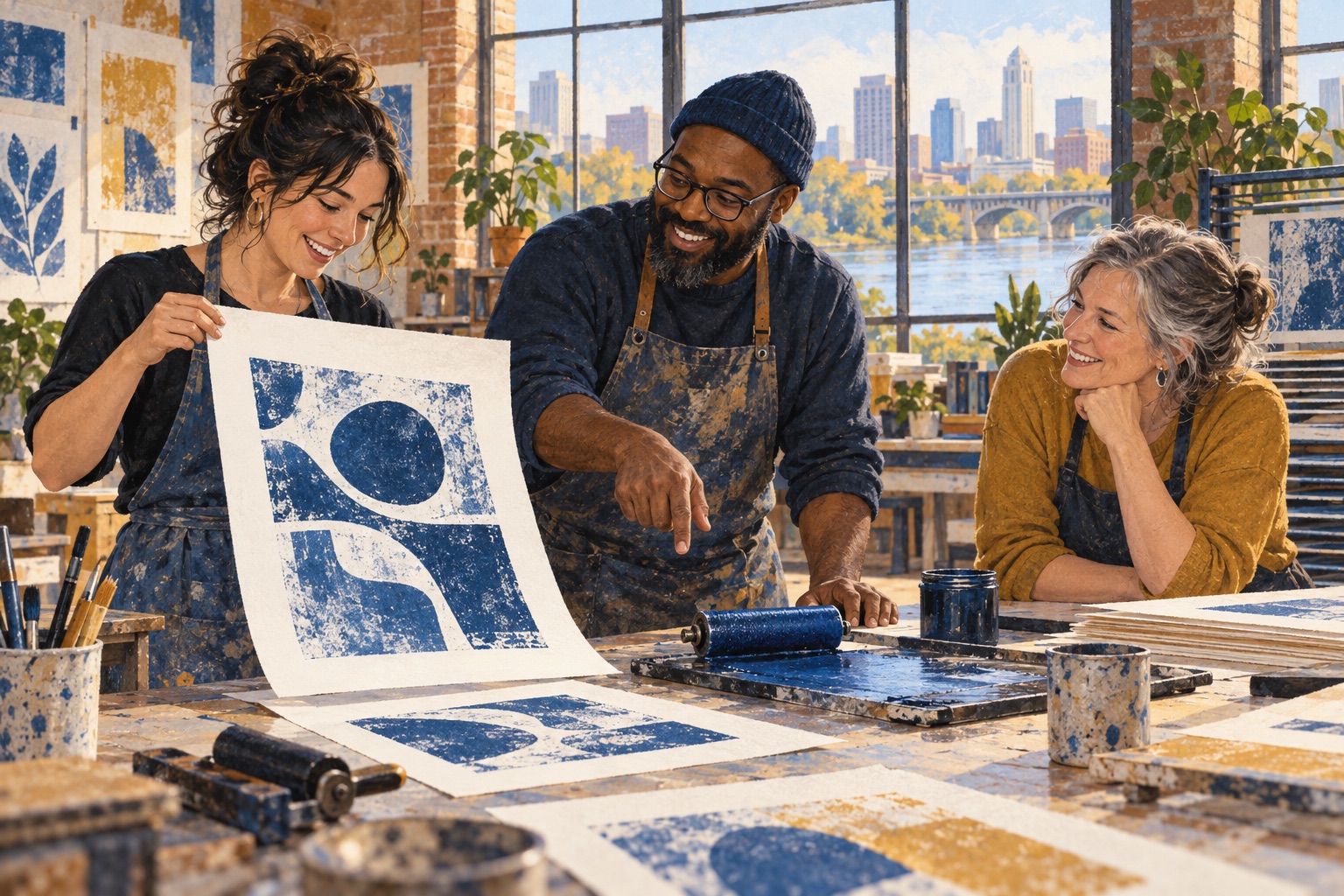 Editorial illustration of adults sharing a worktable in a Columbus-inspired community art studio.