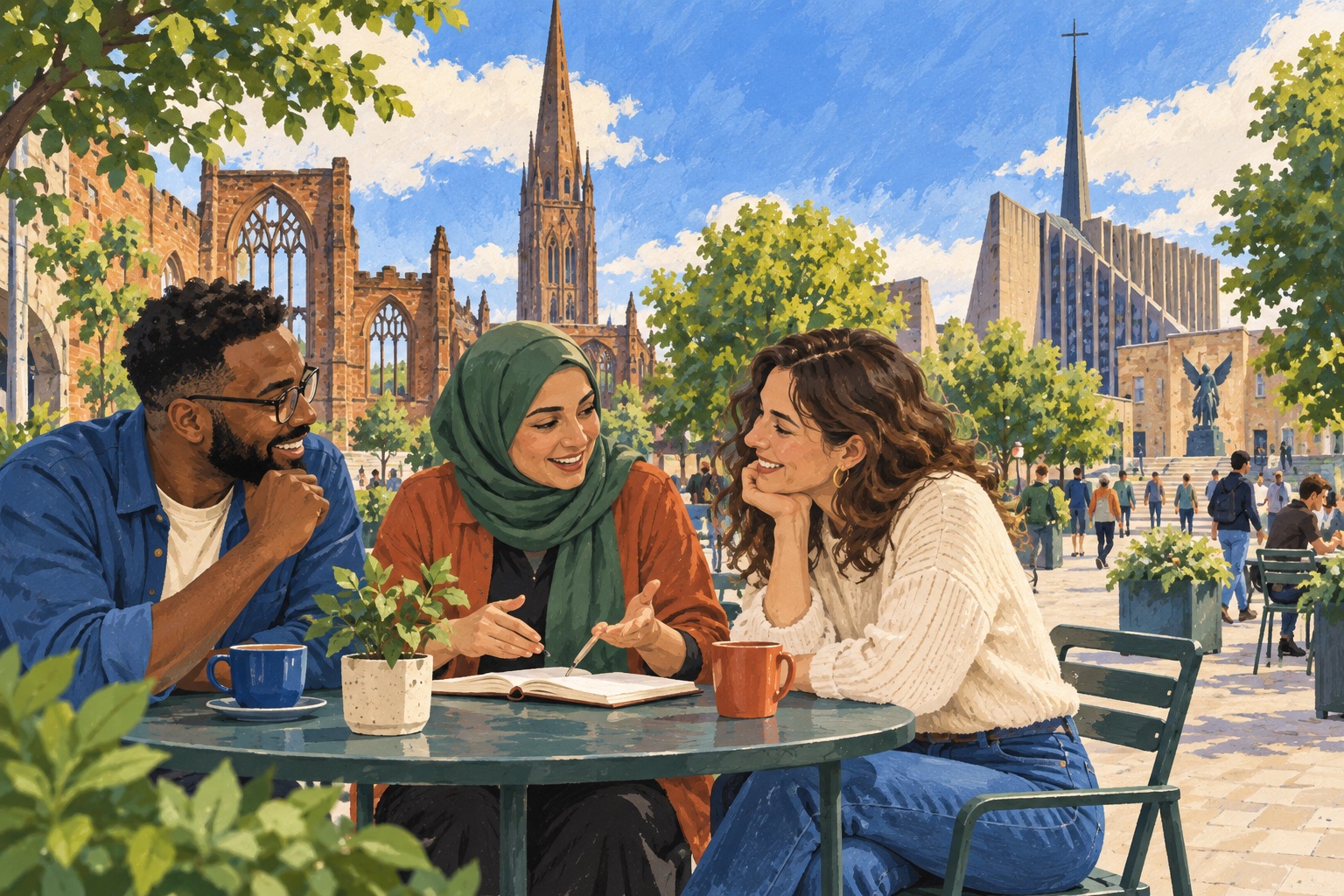 Editorial illustration of three adults discussing a notebook in a Coventry-inspired cathedral square.