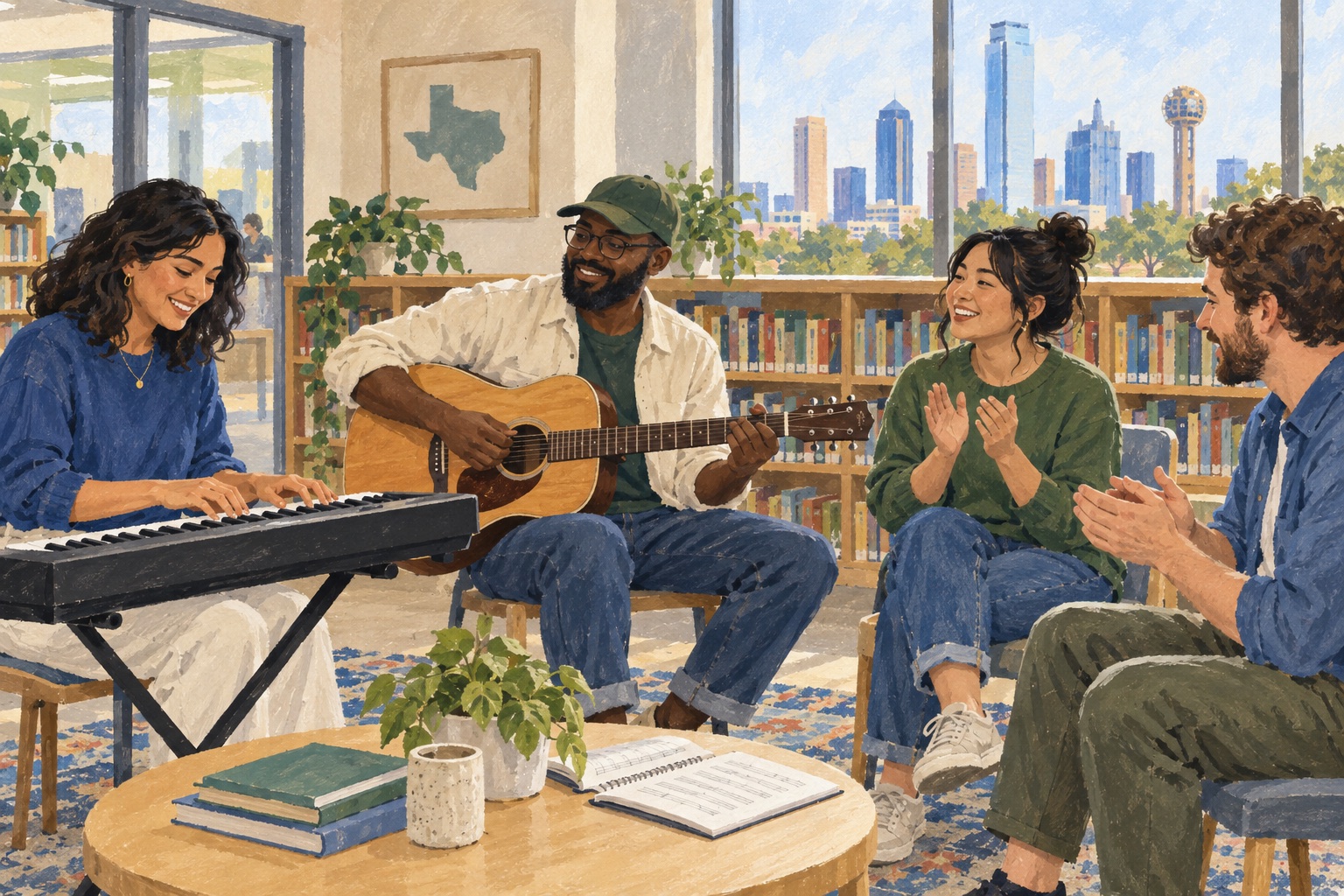 Editorial illustration of adults learning music together in a Dallas-inspired library activity room.