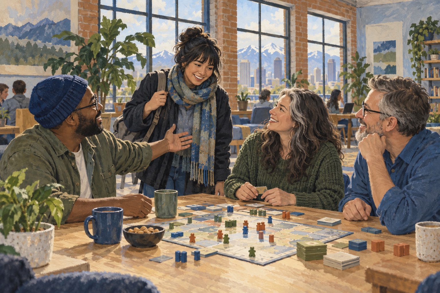 Editorial illustration of adults learning an unbranded board game in a Denver-inspired gathering space.