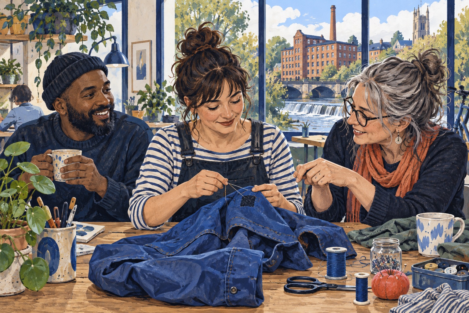 Editorial illustration of adults sharing sewing skills at a community table with a Derby-inspired mill outside.