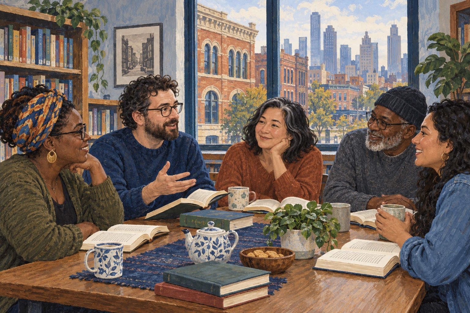 Editorial illustration of adults talking around a book-club table at a Detroit public library.