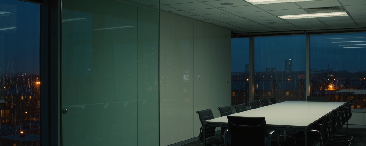 An emptied meeting room in a London office at dusk, chairs pushed back from a long bare table, a blank glass partition on the left and the lit city through the windows behind.