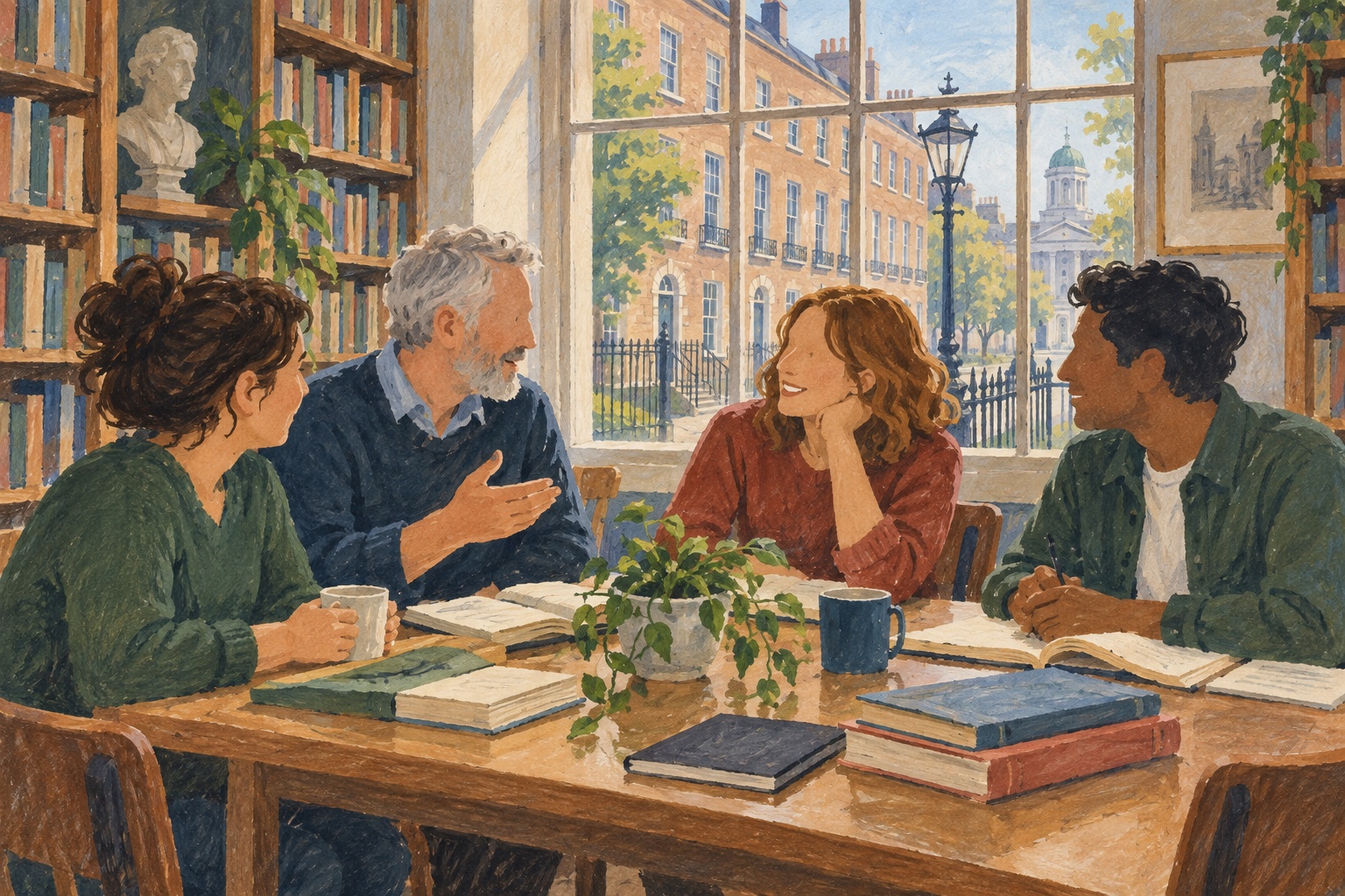 Editorial illustration of adults sharing a conversation around a library activity table in Dublin.