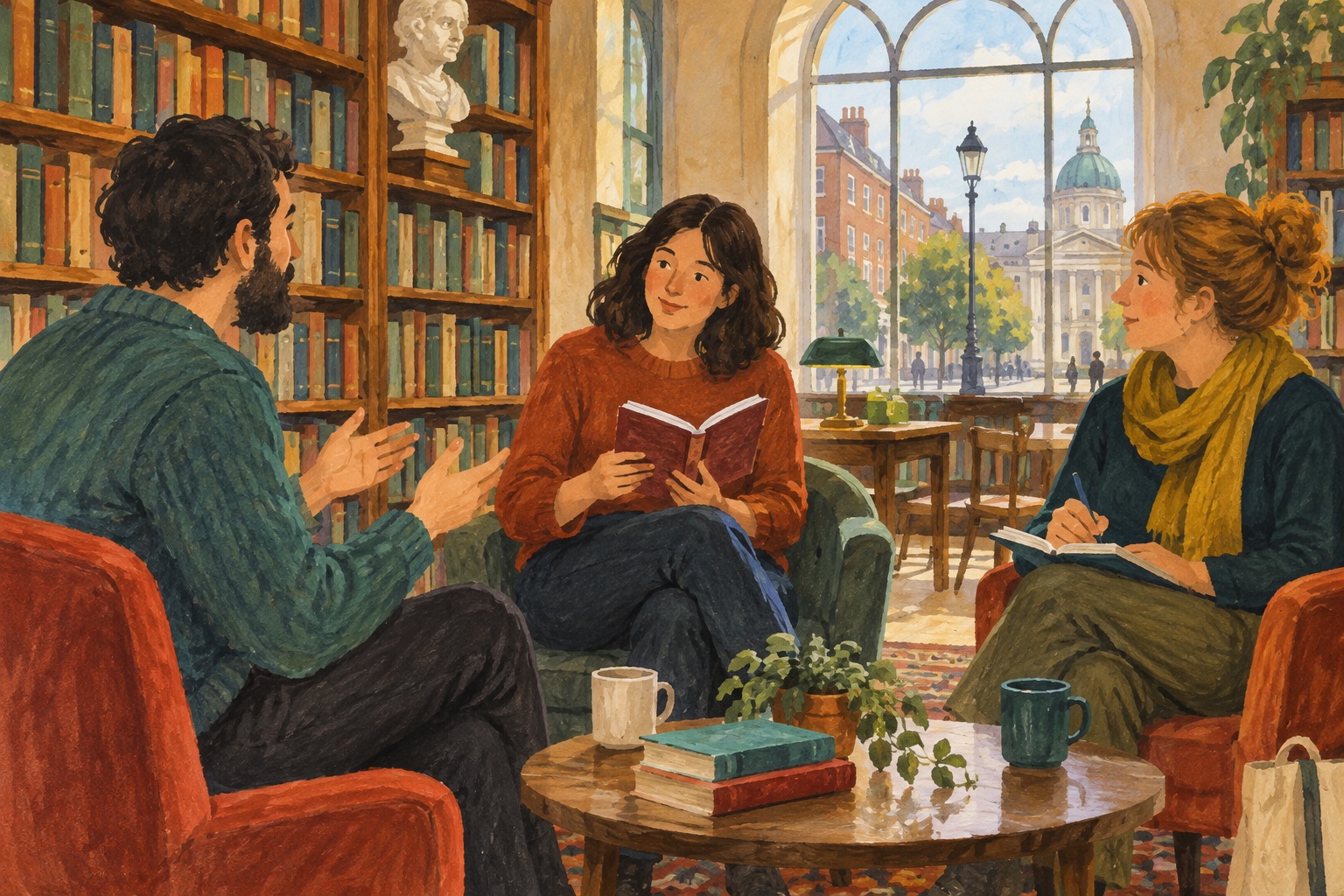 Editorial illustration of adults discussing a short story in a Dublin library setting.