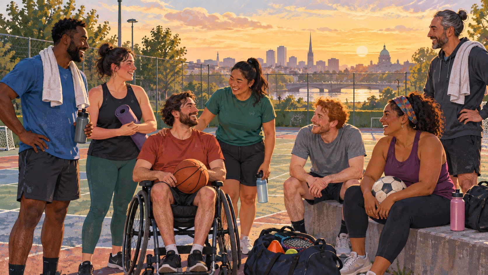 Fictional adults chatting after a community sports session on a Dublin court.