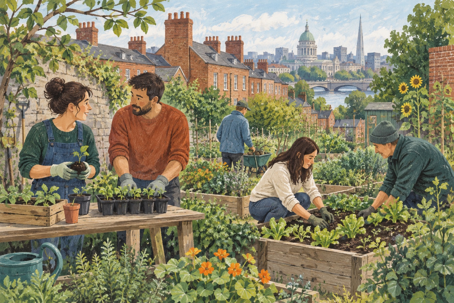 Editorial illustration of adults tending seedlings together in a Dublin community garden.