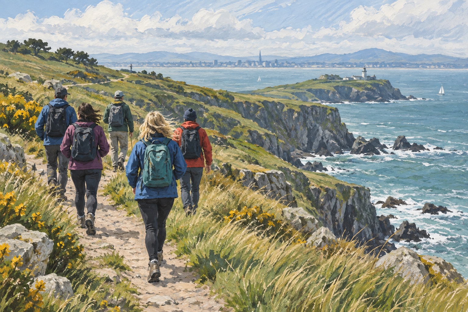 Editorial illustration of a small group following a coastal path near Dublin Bay.