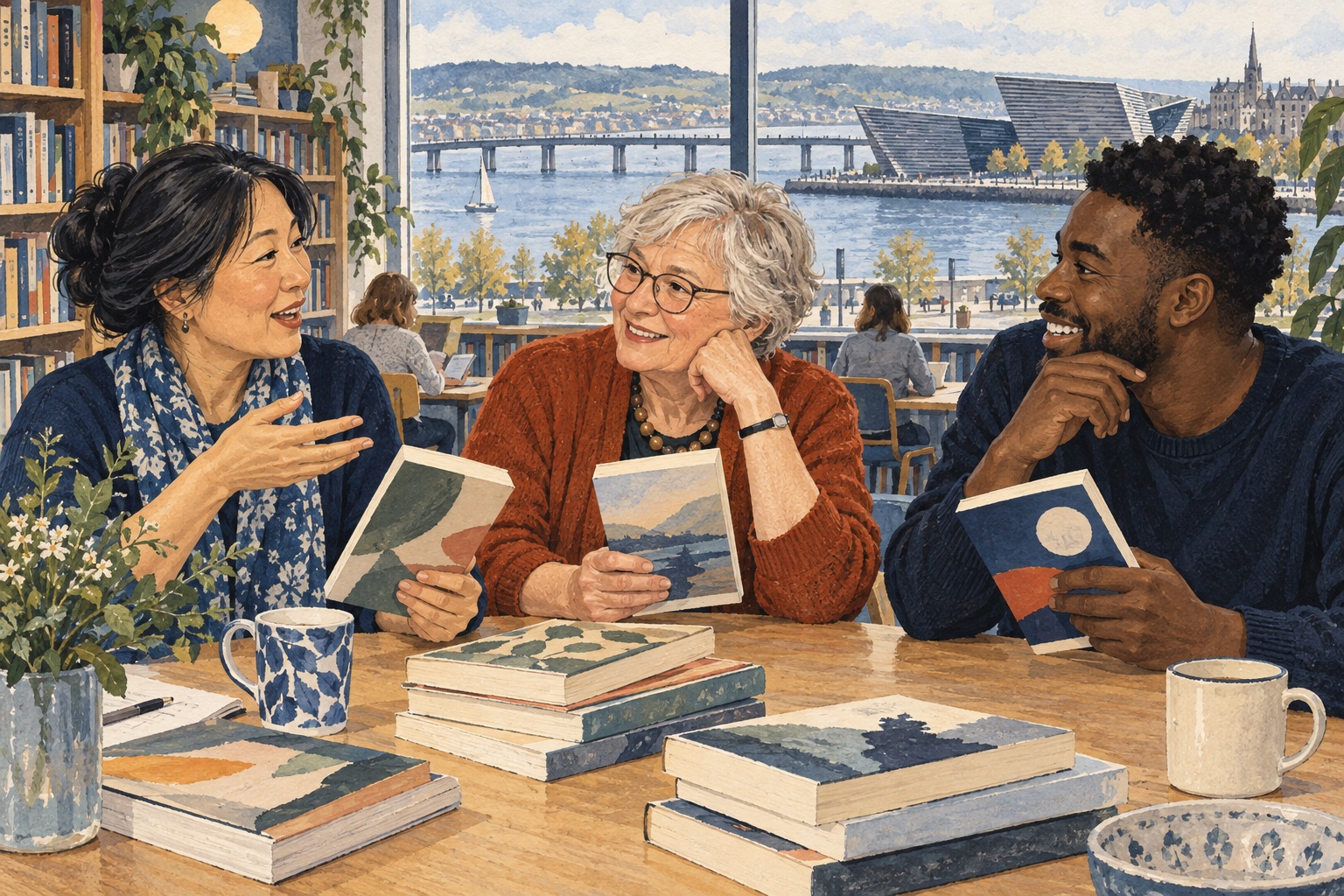 Editorial illustration of adults discussing books with a Dundee-inspired waterfront outside a library window.