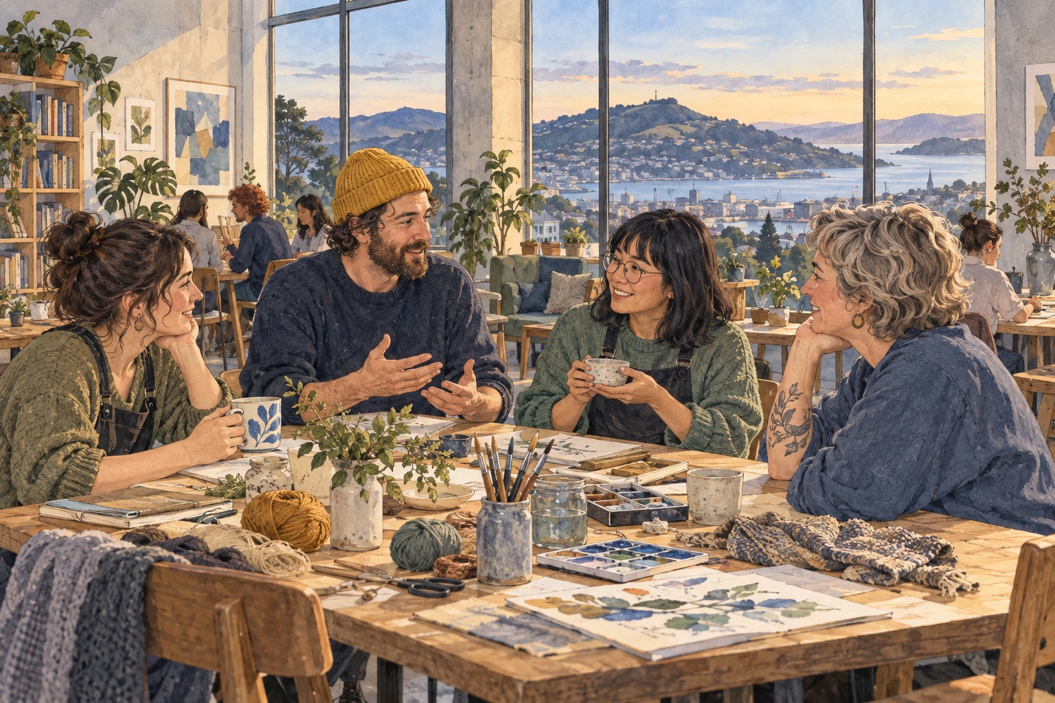 Editorial illustration of adults talking around a shared creative table, with Dunedin hills and harbour in the background.