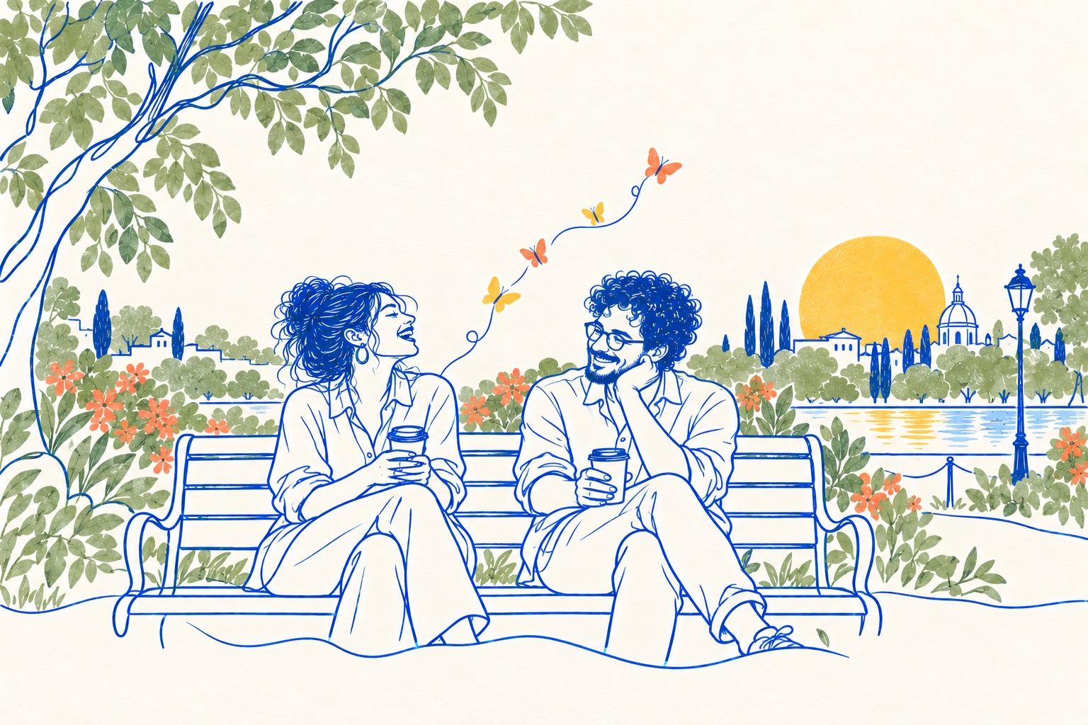 Ink illustration of two adults laughing together on a park bench at sunset with takeaway cups, small tangerine and yellow butterflies rising from the line between them.
