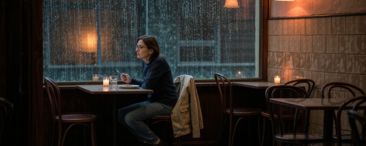 A woman in work clothes eating alone at a small table by the window of an ordinary London restaurant at night, looking out at a wet street lit orange by a streetlamp.