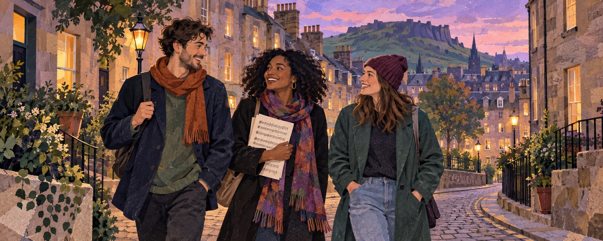 Editorial illustration of friends with sheet music on an Edinburgh-inspired sandstone street at dusk.