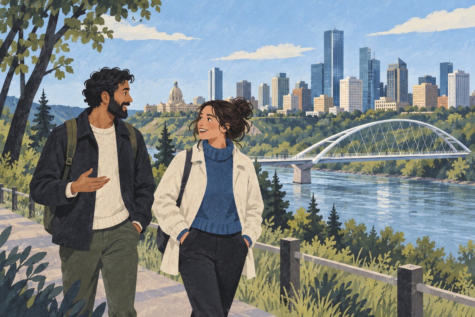 Illustration of two friends walking by Edmonton’s river valley with a bridge and skyline behind them.