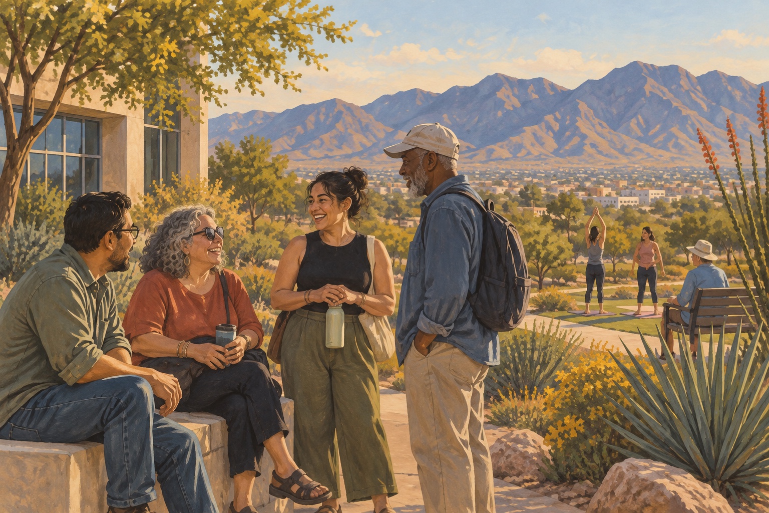 Illustration of adults talking together in El Paso with the Franklin Mountains in the distance.
