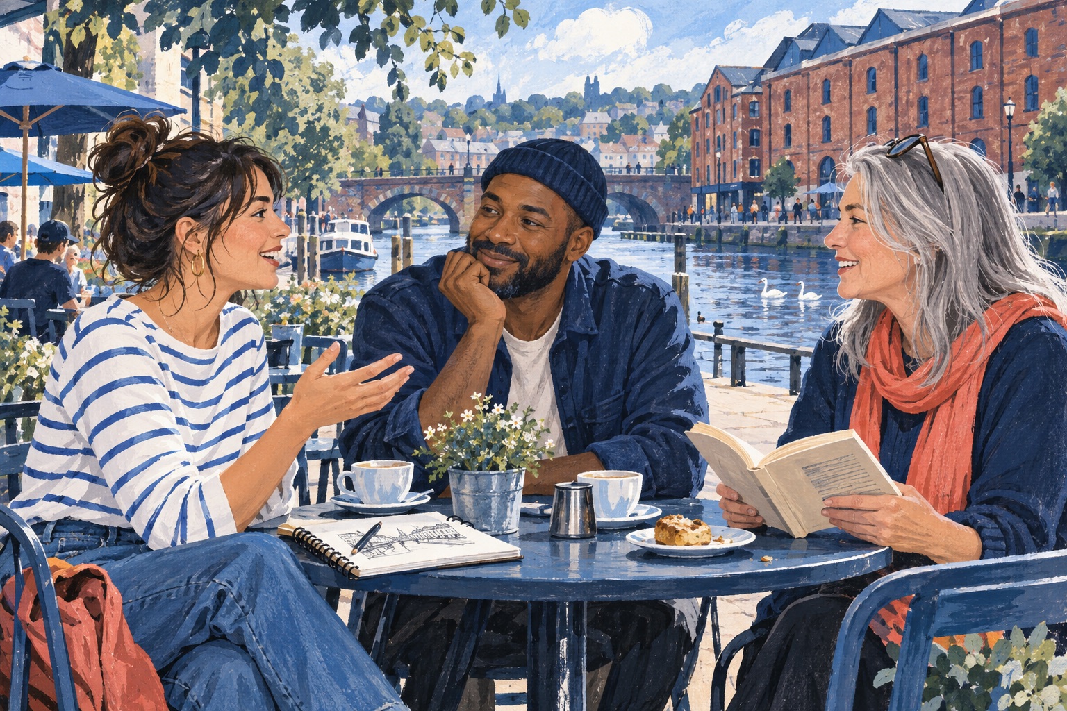 Editorial illustration of adults sharing books and conversation at an Exeter-inspired quayside café.