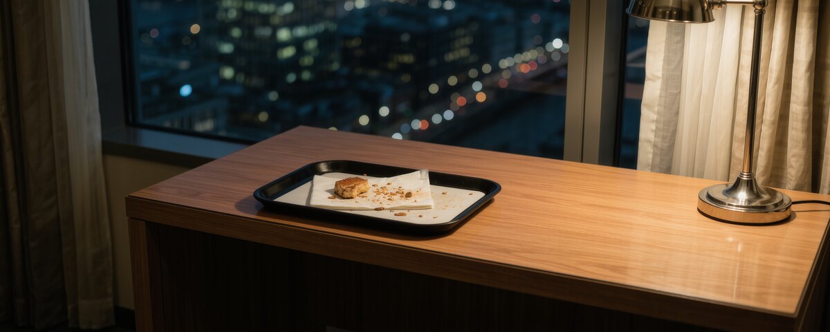 A hotel room desk at night. A used room service tray with a part eaten plate and scattered crumbs sits to the left of centre on the bare wooden top, a desk lamp lit at the right, and the city out of focus in points of light through the dark window behind.