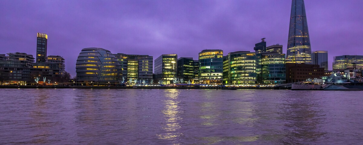 London's South Bank and the Shard lit up across the river at night