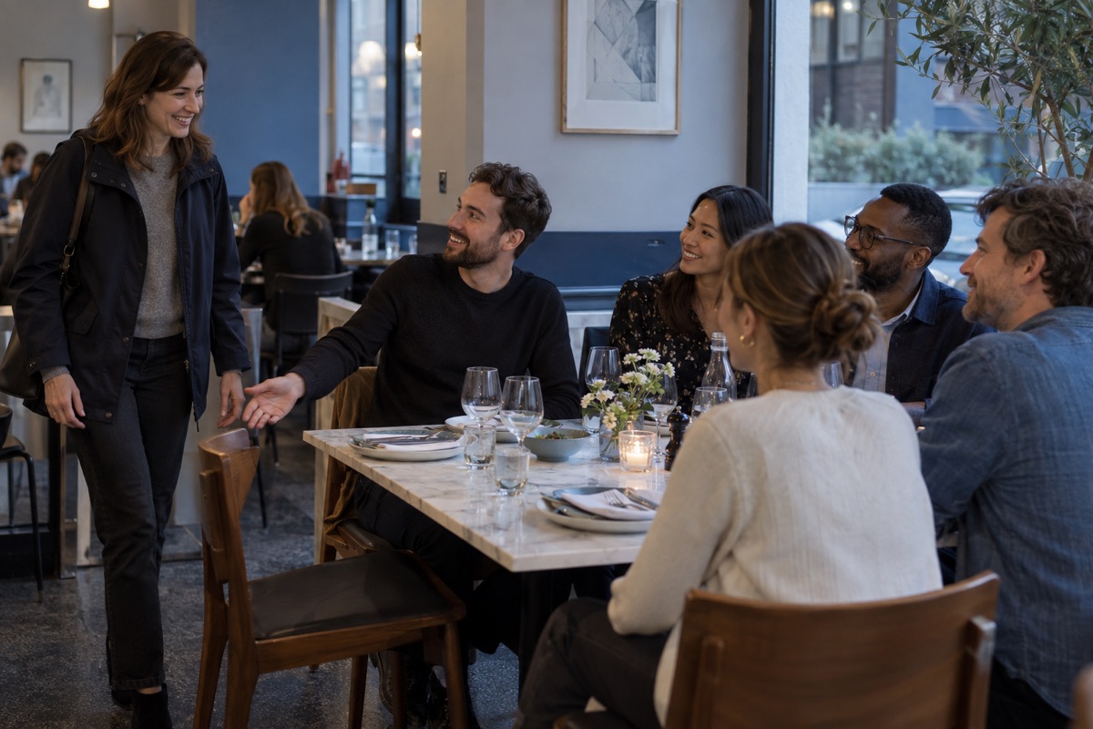 AI-generated illustration of a woman arriving at a restaurant table as a seated guest gestures towards an empty chair.