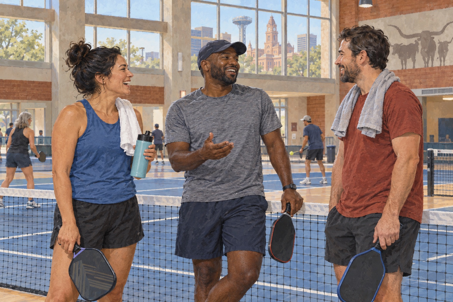 Editorial illustration of adults talking between turns at an indoor community-center pickleball court in Fort Worth.