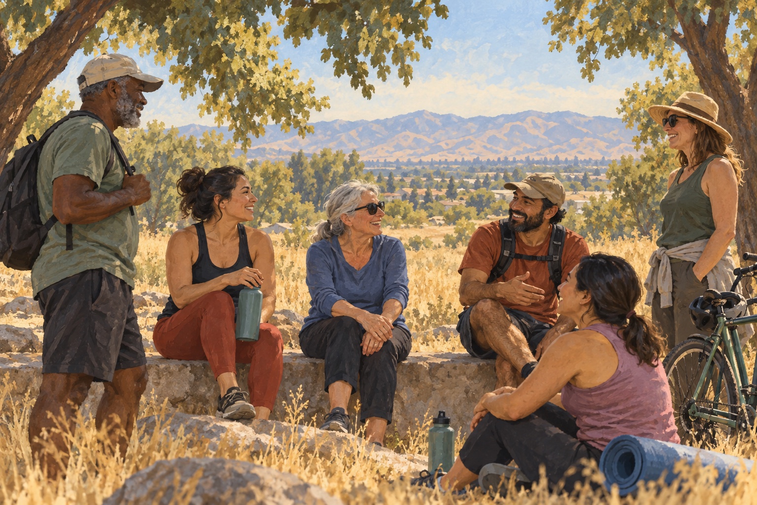 Illustration of adults relaxing together after a Fresno outdoor community activity.