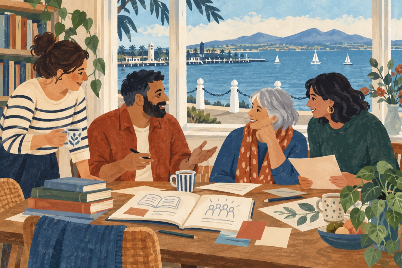 Editorial illustration of adults sharing a community activity in Geelong; it does not depict a real group, venue or event.