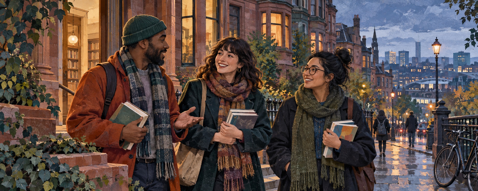 Editorial illustration of friends with books in a Glasgow-inspired red sandstone neighbourhood at dusk.