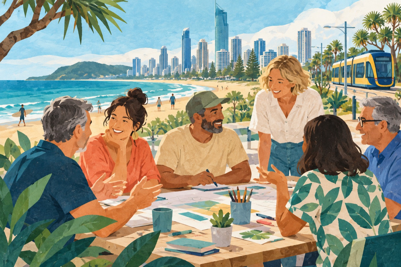 Editorial illustration of adults sharing a community activity in Gold Coast; it does not depict a real group, venue or event.