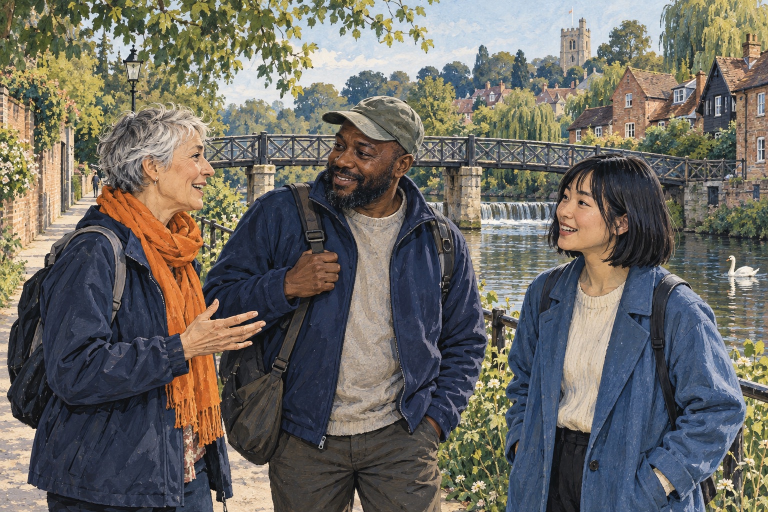 Editorial illustration of adults talking beside a Guildford-inspired River Wey footbridge.