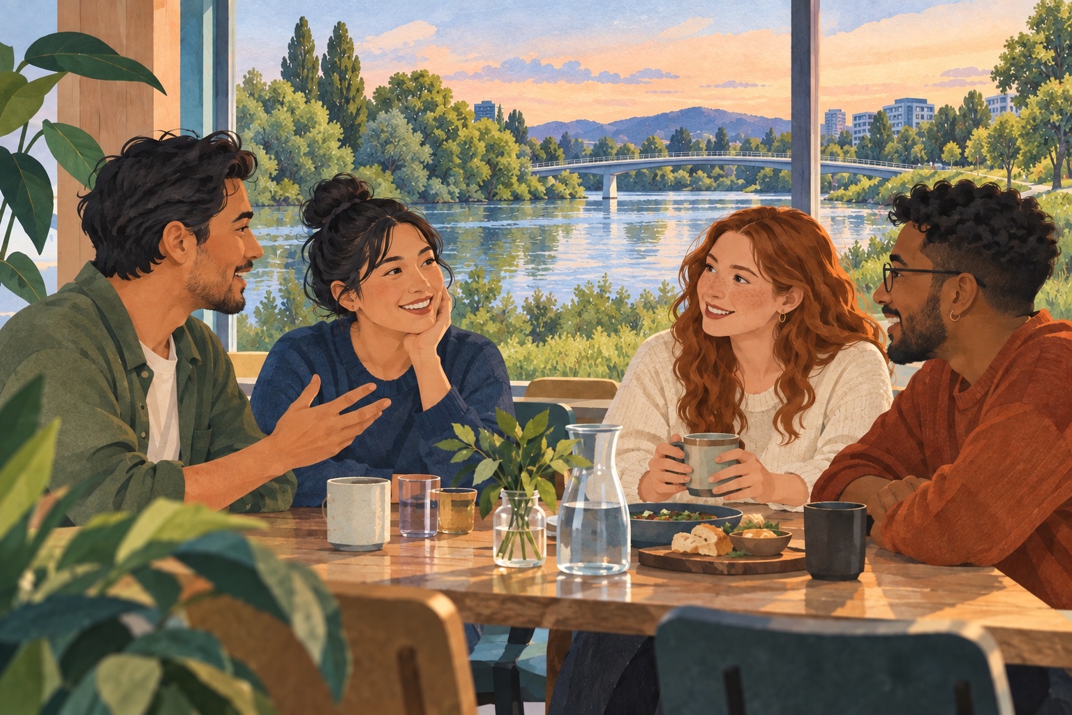 Editorial illustration of adults talking over a shared craft table, with the Waikato River and Hamilton greenery beyond the windows.