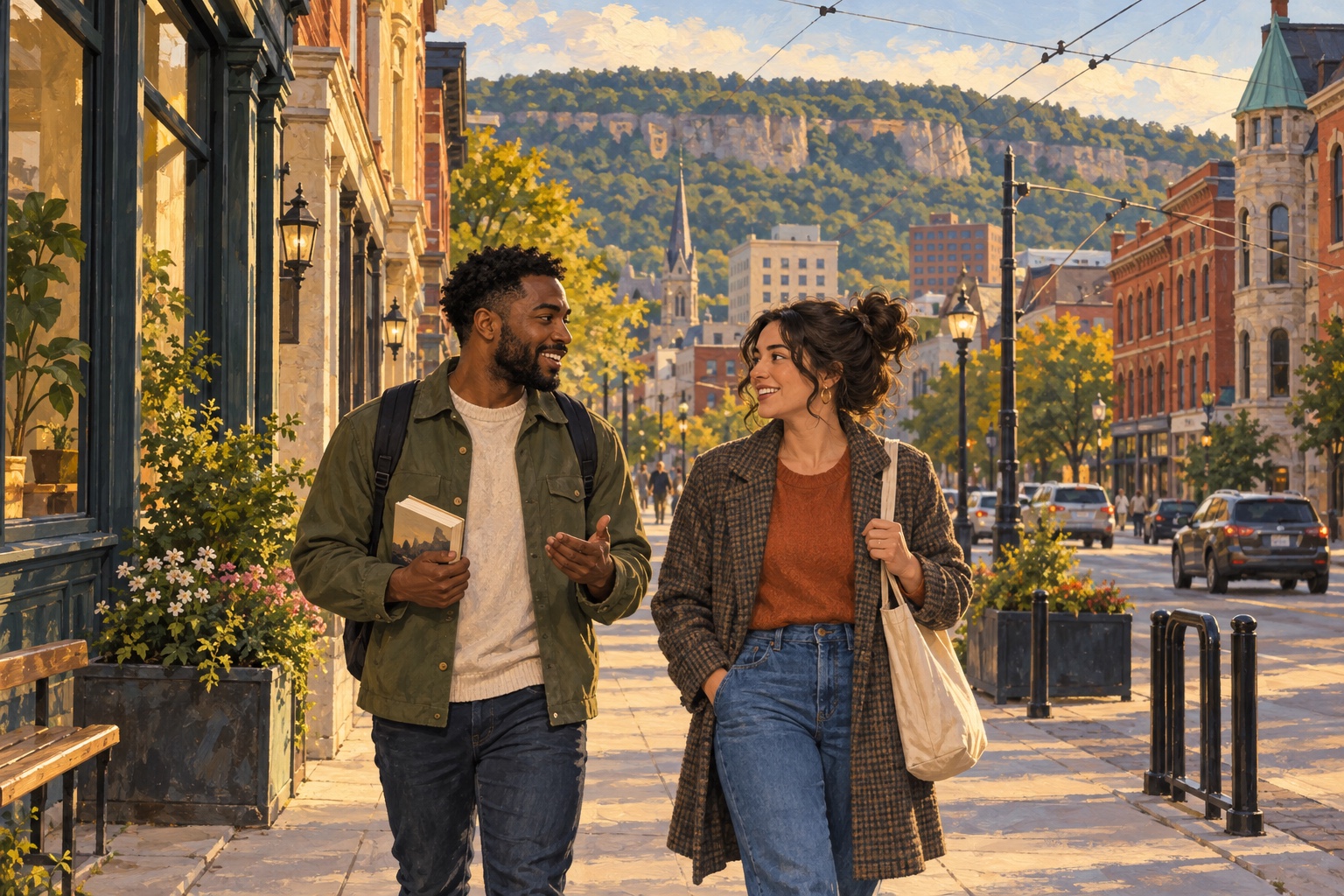 Illustration of two adults talking on a downtown Hamilton street, with the Niagara Escarpment in the background.