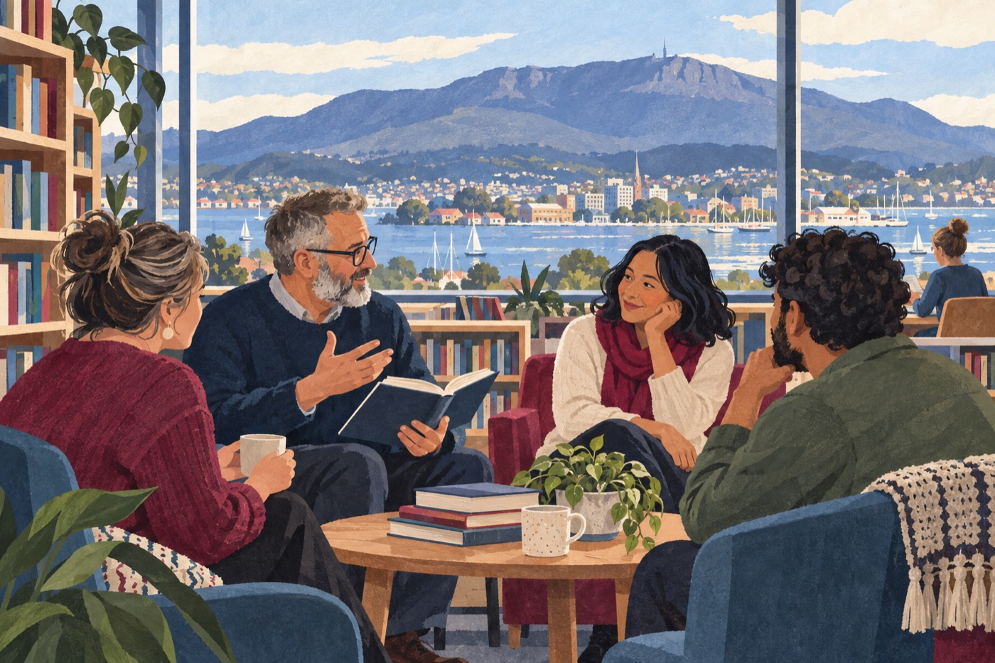Editorial illustration of adults sharing a community activity in Hobart; it does not depict a real group, venue or event.