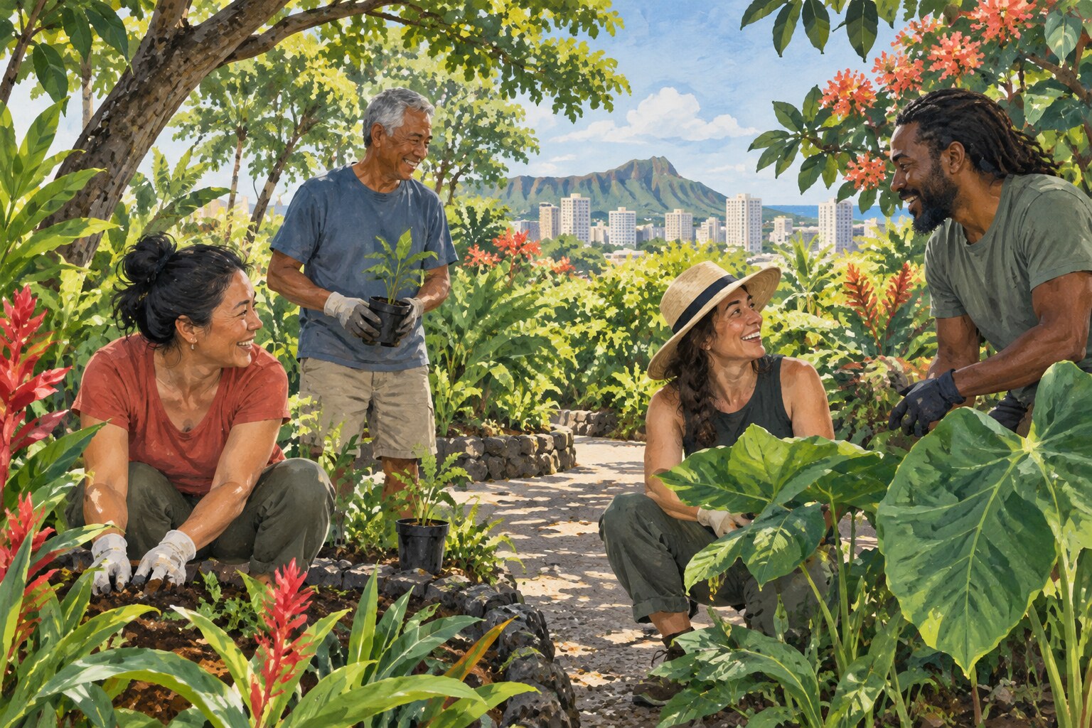 Editorial illustration of adults talking while tending a tropical public garden in Honolulu.