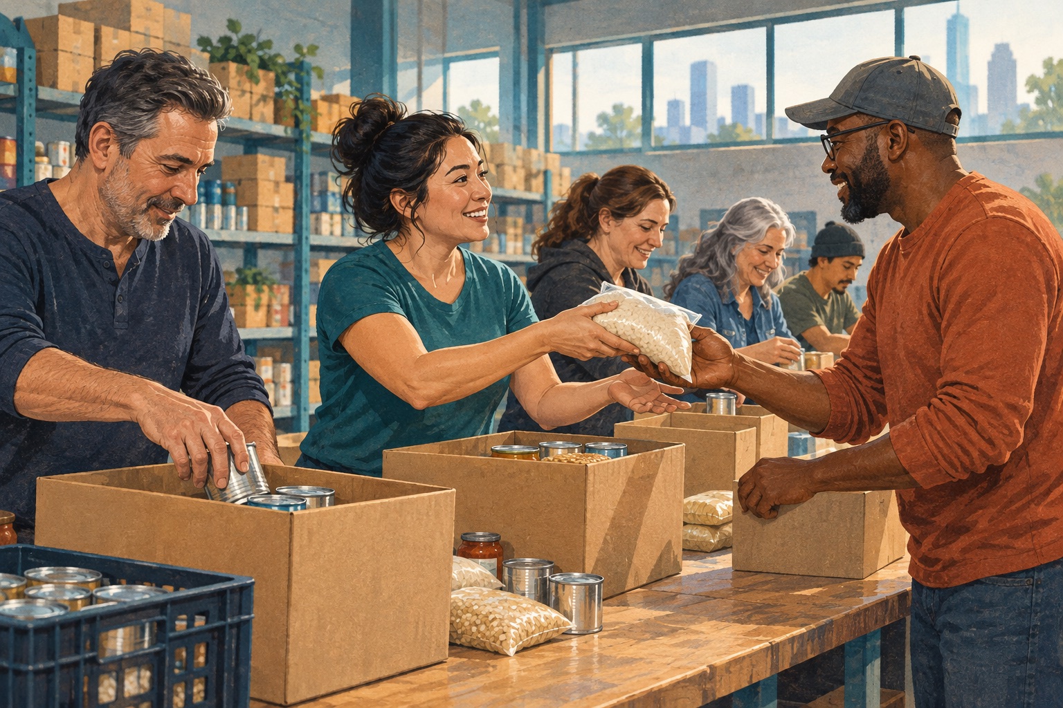Editorial illustration of adults working side by side packing food boxes in a Houston-inspired volunteer setting.