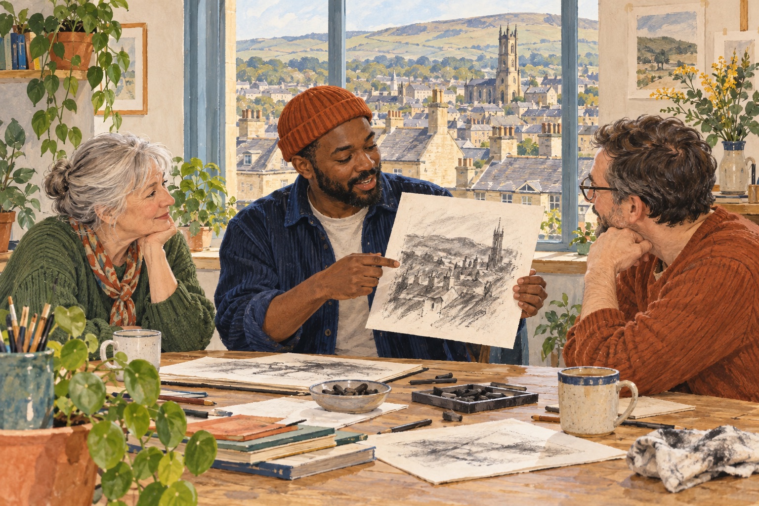 Editorial illustration of adults watching and discussing a painting demonstration in a Huddersfield-inspired community room.