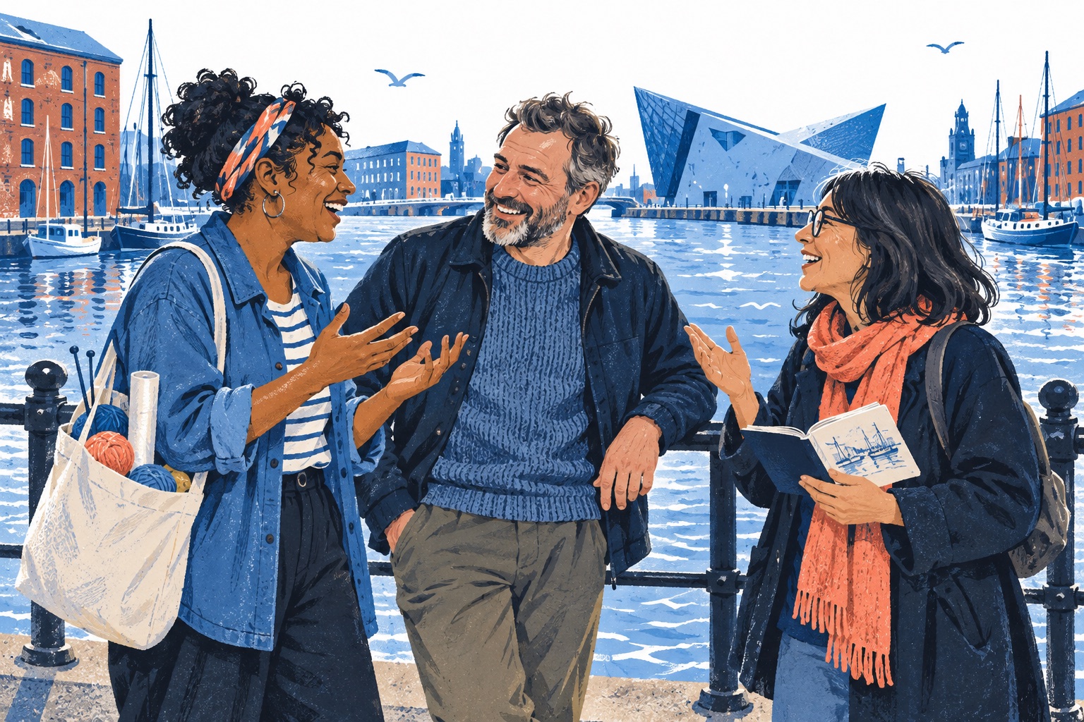 Editorial illustration of adults chatting by a Hull-inspired waterfront, with a sketchbook and craft materials.