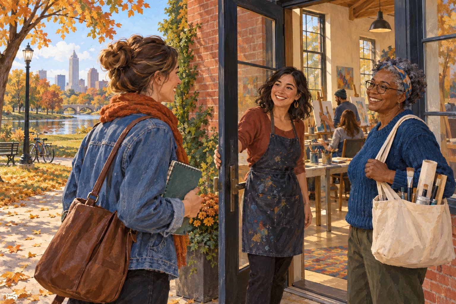 Editorial illustration of adults arriving for a creative class in an Indianapolis-inspired park arts building.