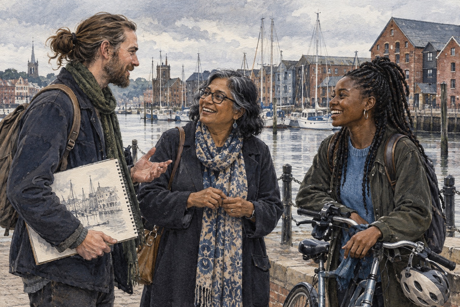 Editorial illustration of adults talking beside an Ipswich-inspired waterfront, with a bicycle and sketchbook.