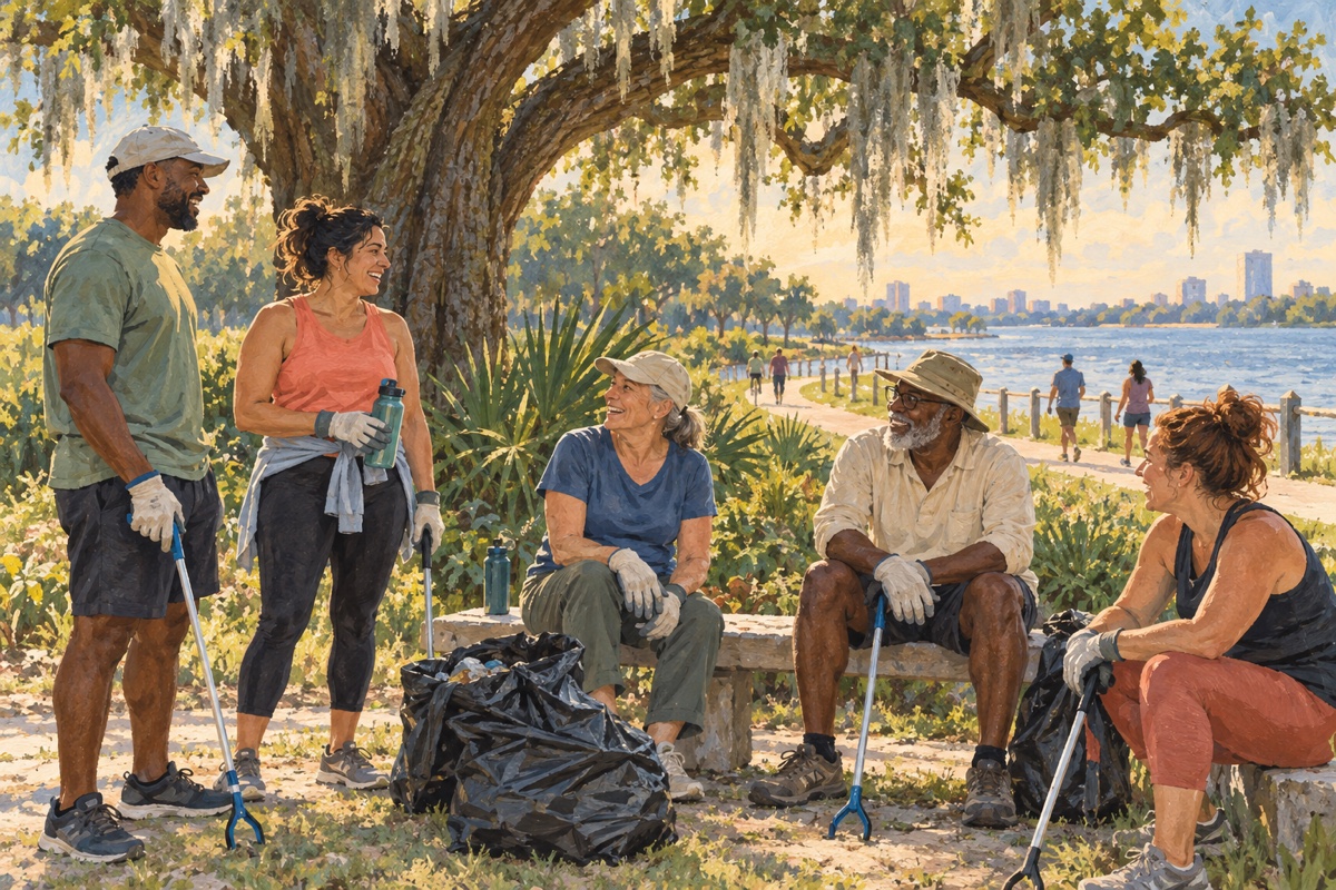 Editorial illustration of adults talking after a volunteer cleanup in a Jacksonville park.