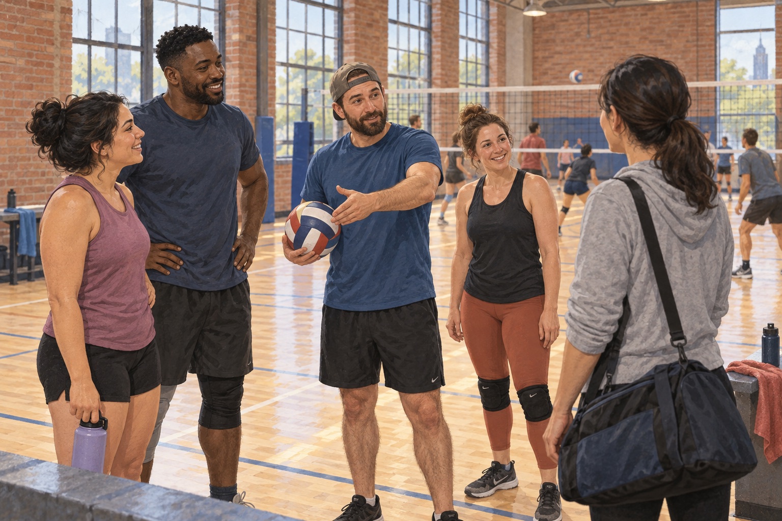 Editorial illustration of adults talking between games at a Kansas City, Missouri-inspired community volleyball session.