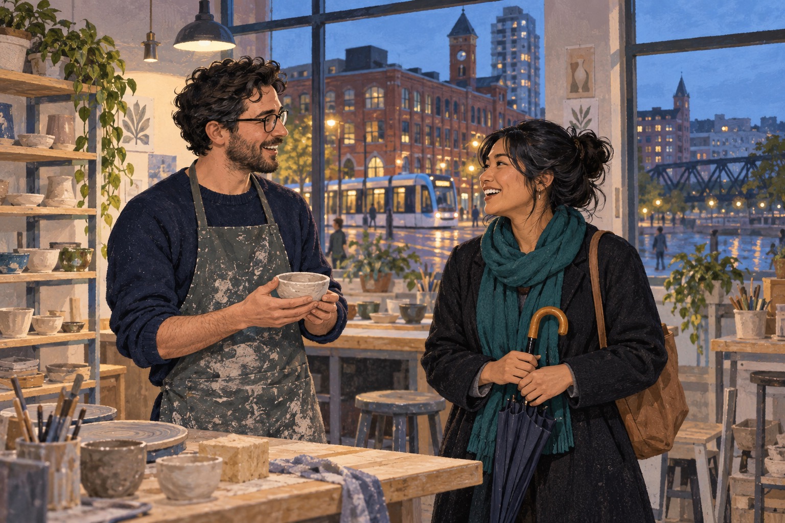 Illustration of two adults talking after an arts activity in the connected Kitchener–Waterloo Region.