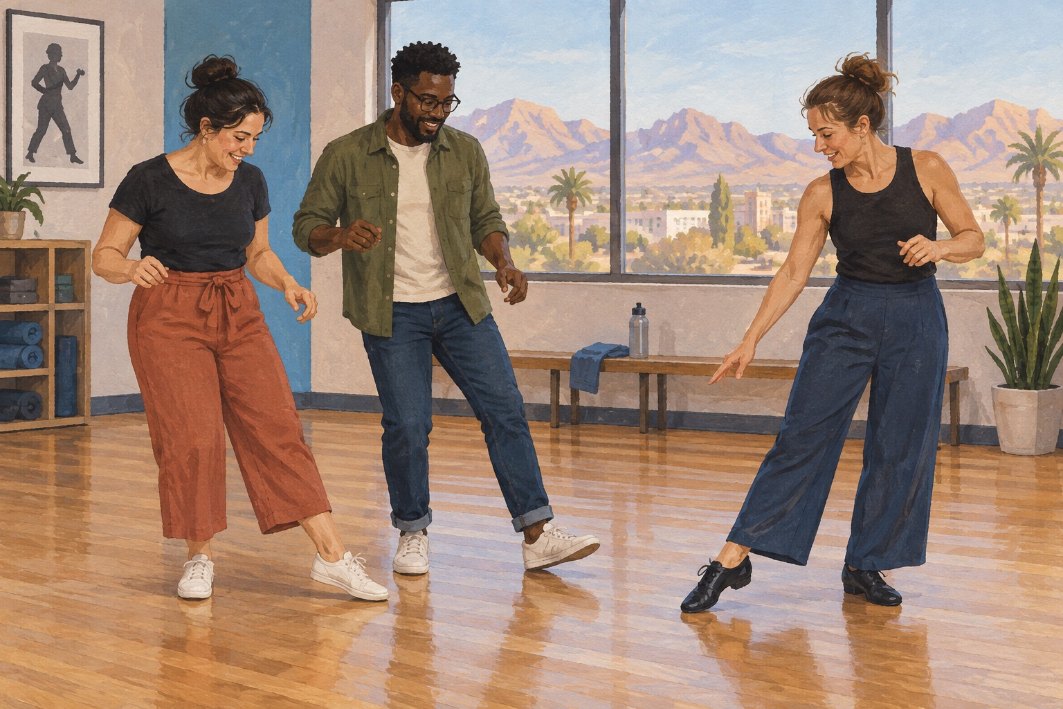 Editorial illustration of adults learning a swing-dance basic in a Las Vegas-inspired community studio.
