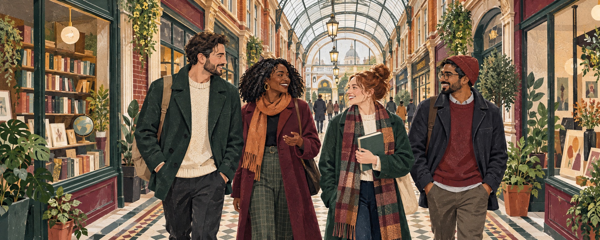 Editorial illustration of friends exploring a Leeds-inspired covered shopping arcade.