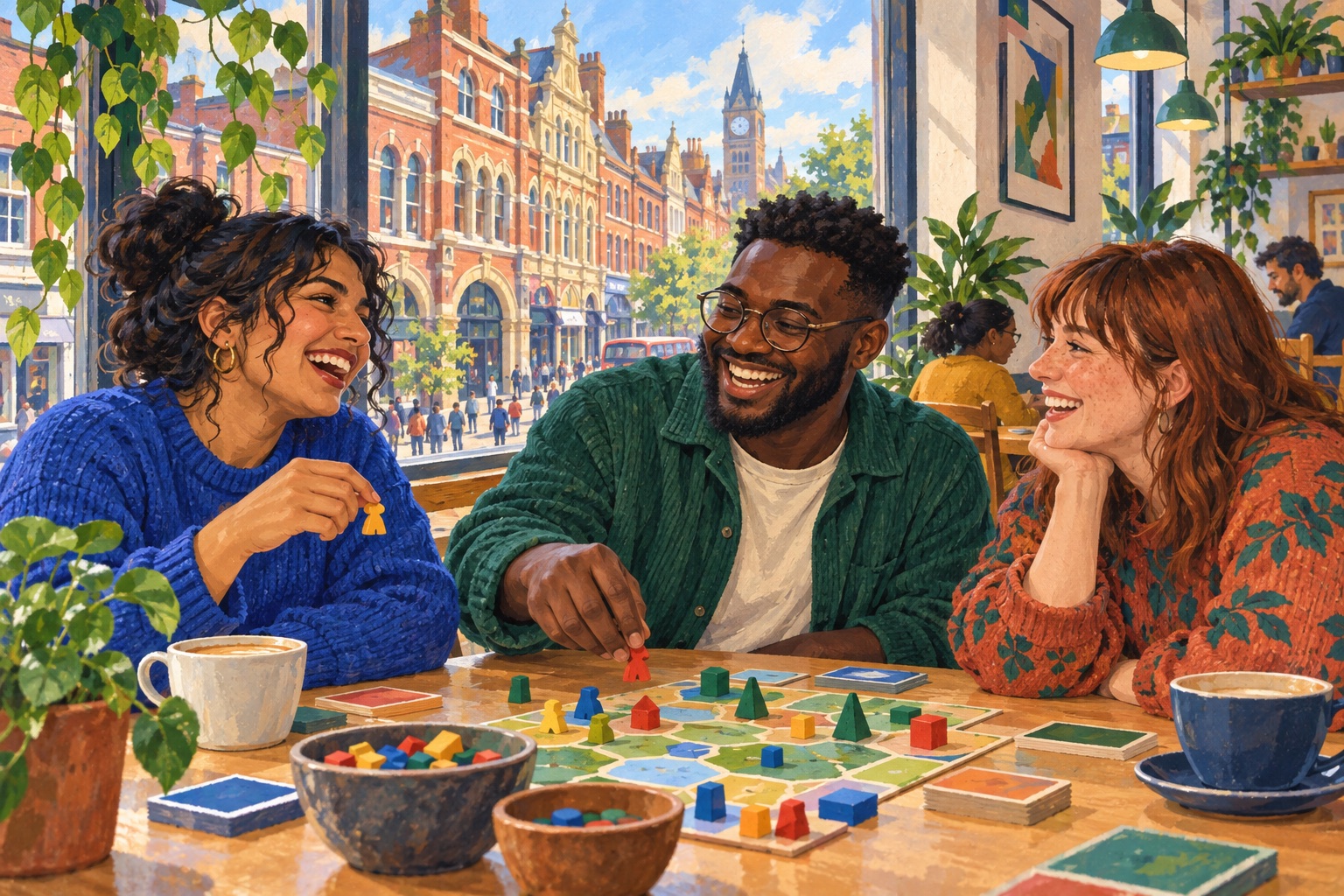 Editorial illustration of adults playing a board game in a Leicester-inspired cafe.