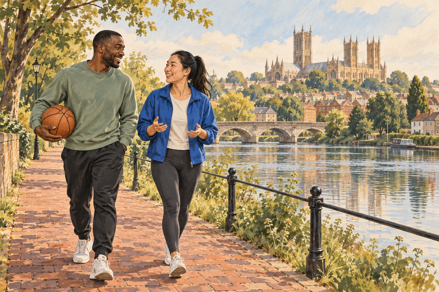 Editorial illustration of adults chatting with a basketball beside a Lincoln-inspired waterside and cathedral skyline.