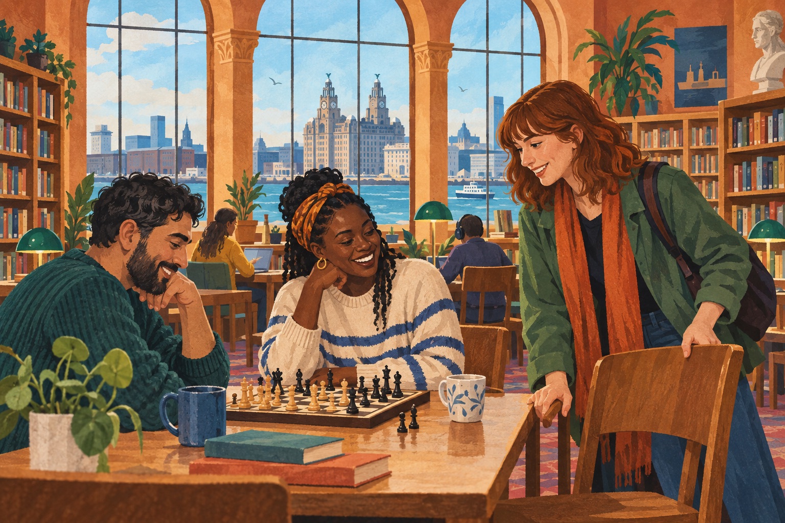 Editorial illustration of friends playing chess in an imagined Liverpool library overlooking the waterfront.