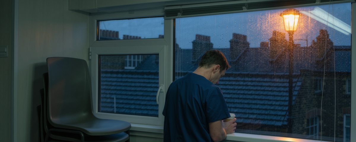 A hospital staff room after dark. Someone in dark blue scrubs stands with their back to the room holding a paper cup, looking out through a rain-covered window at a wet London terrace street lit orange by a streetlamp.