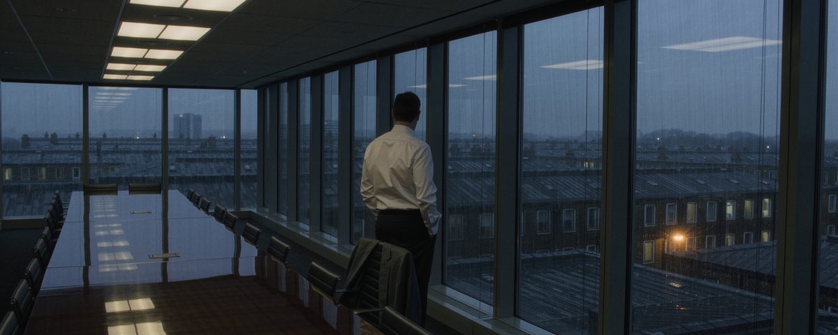 An empty glass walled meeting room high in a London office building after dark, with one man in shirtsleeves standing at the window with his back to the room and the wet city lit orange below.